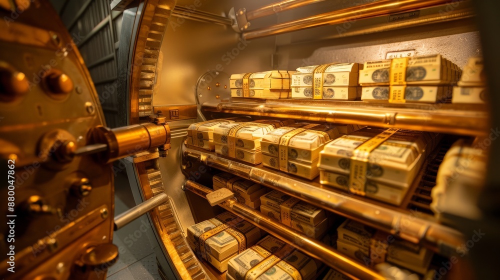 An open bank vault filled with neatly stacked bundles of cash and gold bars, showcasing security and wealth An open bank vault filled with neatly stacked bundles of cash and gold bars, showcasing security and wealth
