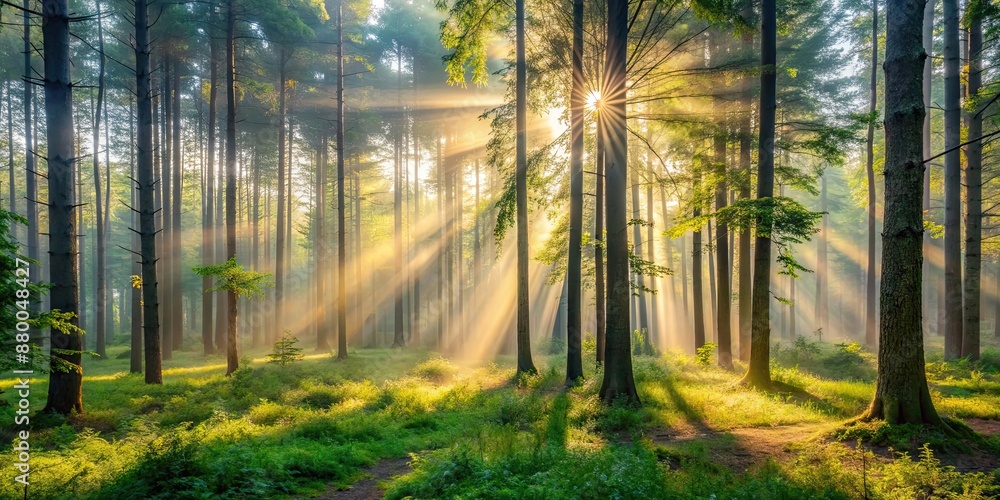 Naklejka premium Misty forest in the morning with sunlight filtering through the trees, nature, woods, fog, tranquil, peaceful, ethereal