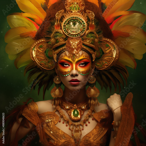 Fantasy portrait of woman in elaborate gold and feathered headdress, vibrant colors, digital art with copy space