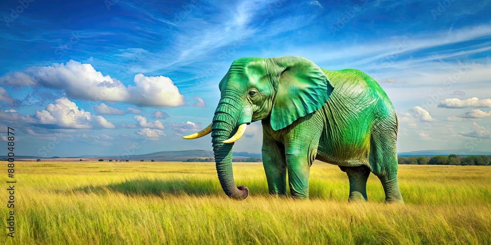 Fototapeta premium Elephant with green and blue markings in a sunny field, elephant, green, blue, markings, sunlit, grassy, field, wildlife