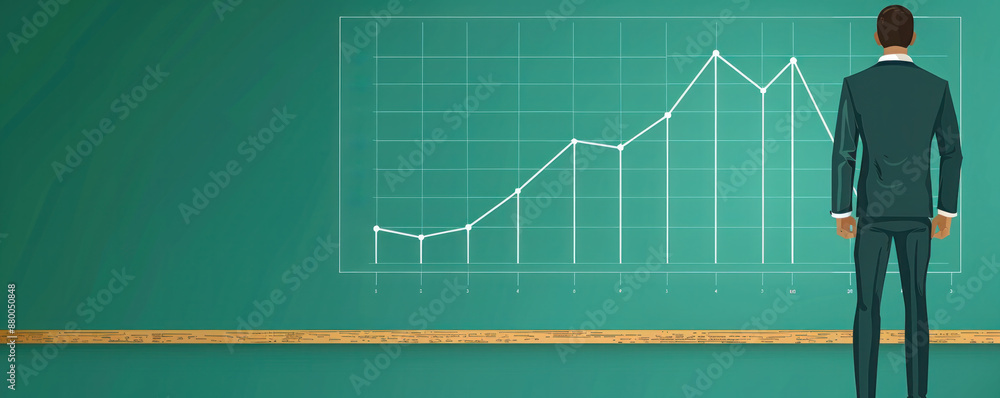 A man stands in front of a green chalkboard with a graph on it. The graph shows a downward trend, and the man is looking at it intently. Concept of focus and determination A man stands in front of a green chalkboard with a graph on it. The graph shows a downward trend, and the man is looking at it intently. Concept of focus and determination