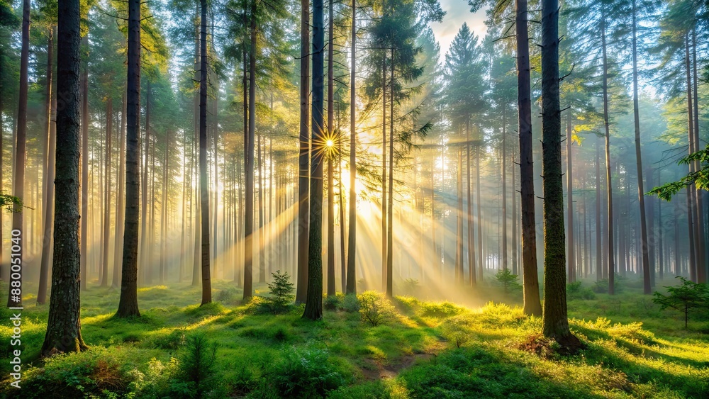 Fototapeta premium Misty morning light seeping through tall trees in a tranquil forest setting, forest, mist, morning, fog, trees, nature