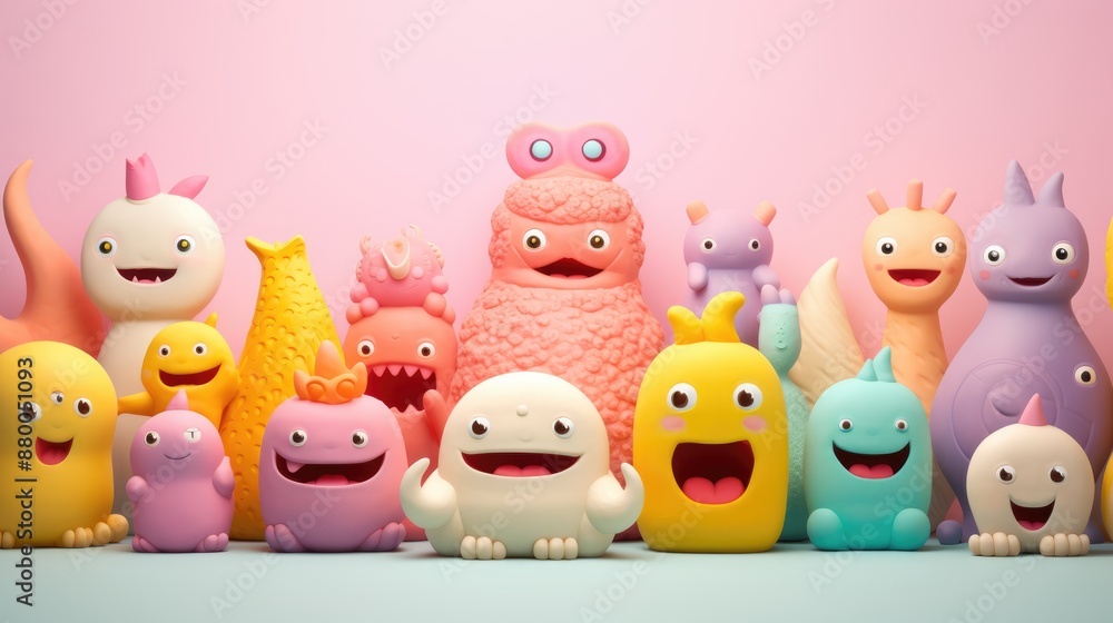 3D colorful group of cute cartoon characters on a pink background 3D colorful group of cute cartoon characters on a pink background