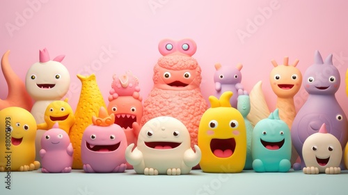 3D colorful group of cute cartoon characters on a pink background