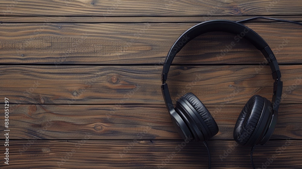 Modern headphones with text space on wooden surface seen from above Modern headphones with text space on wooden surface seen from above