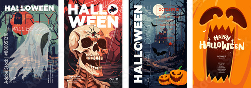 Happy Halloween party poster. Drawing ghost and dead man in cemetery placard. Old mansion and pumpkin lantern Jack print. Horror night art cover. October 31 Trick or Treat holiday artwork typography