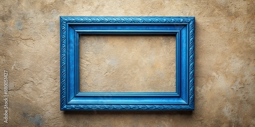 Panoramic view of a medium-sized blank frame in sapphire blue against textured plaster, sapphire blue © Sujid
