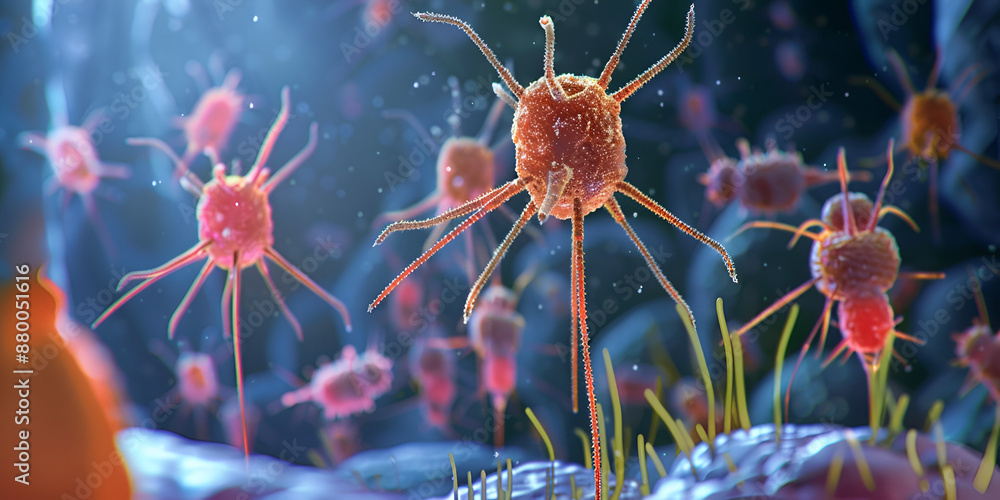 Obraz premium Microscopic View of Infectious Viruses and their Complex Structures Detailed Visualization of Virus Interactions at a Cellular Level