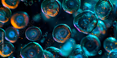 Close-up view of bioluminescent cells revealing intricate structures and dynamic interactions in microbiological research