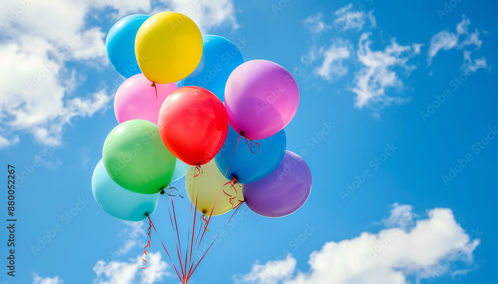 colorful helium balloons floating against blue sky joyful celebration background colorful helium balloons floating against blue sky joyful celebration background