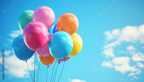 colorful helium balloons floating against blue sky joyful celebration background 