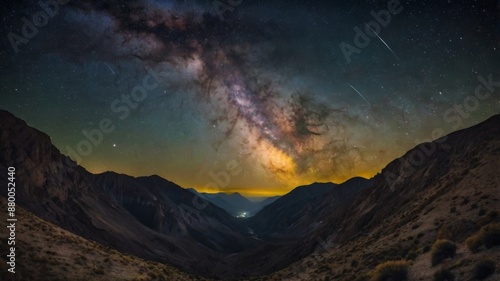 Milky Way Galaxy and Yellow Light Over Mountains in a Starry Night