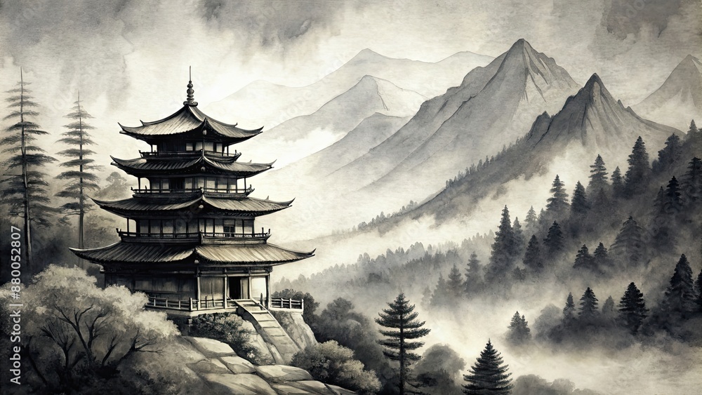 Japanese temple nestled in the mountains, depicted in a traditional black ink painting, Japan, temple Japanese temple nestled in the mountains, depicted in a traditional black ink painting, Japan, temple