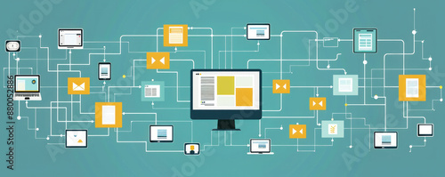 A computer monitor displays a network of devices, including laptops, tablets, and cell phones. Concept of a complex and interconnected digital world, where people are constantly connected