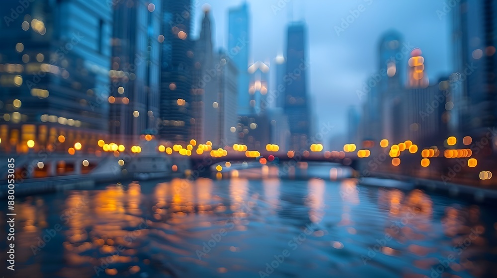 Blurry Cityscape of Chicago River at Night with Iconic Architecture