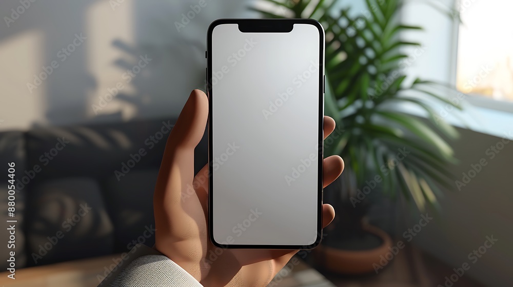 3D rendered hand holding a blank screen smartphone in a home interior with a plant in the background 3D rendered hand holding a blank screen smartphone in a home interior with a plant in the background