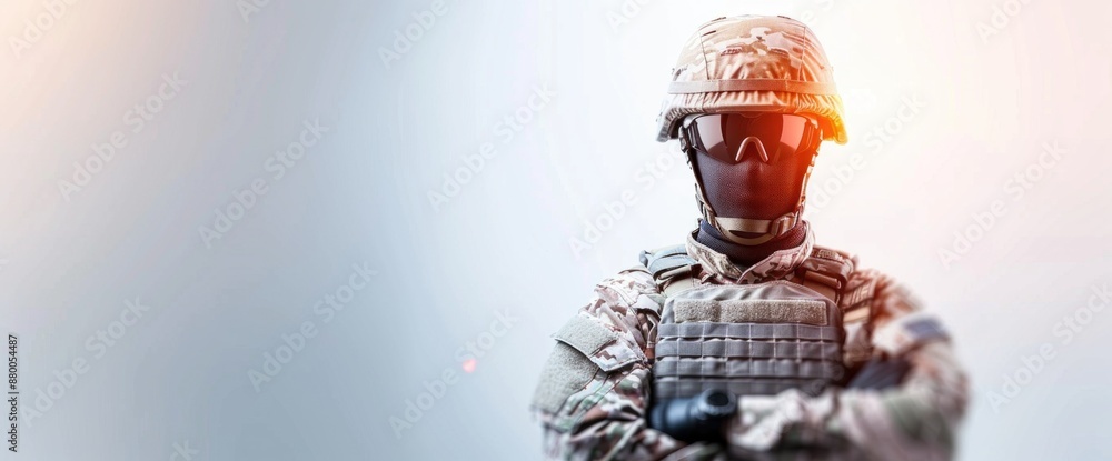 Full body view of a tactical officer, white backdrop, natural lighting Full body view of a tactical officer, white backdrop, natural lighting