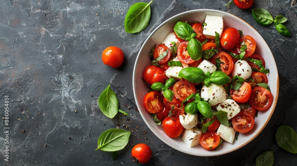 Mozzarella basil and cherry tomato salad on ceramic and slate background with copy space Mozzarella basil and cherry tomato salad on ceramic and slate background with copy space