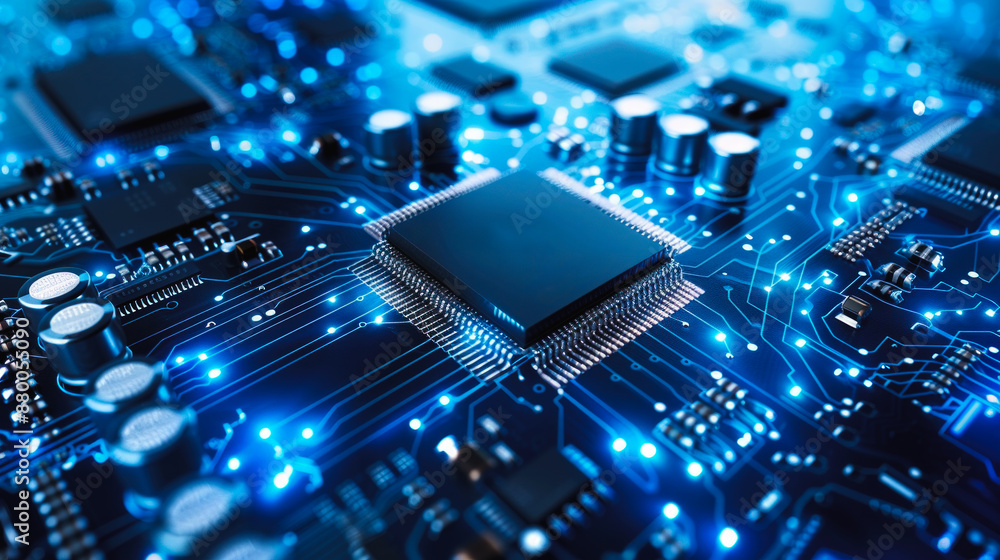 A computer chip is shown in a blue and white color scheme. The chip is ...