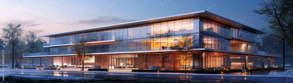 Obraz premium Sleek design, glass facade of urban hospitality hotel under construction