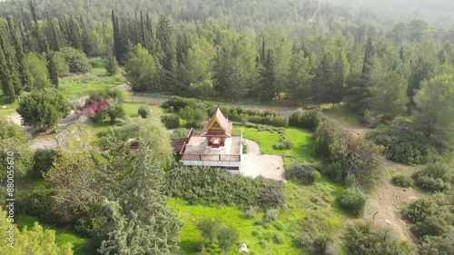 Aerial Panning Shot Of Famous Buddhist Temple , Ben Shemen Forest, Israel photo