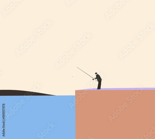 Man fishing in the sea while standing on concrete pier. Adventure outdoor, leisure activity holiday or weekend trip.