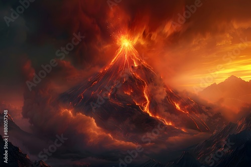 Explosive volcanic eruption with lava flows and ash clouds under a dramatic fiery sky.