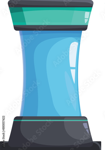 Futuristic cryogenic chamber with blue glass standing on a platform