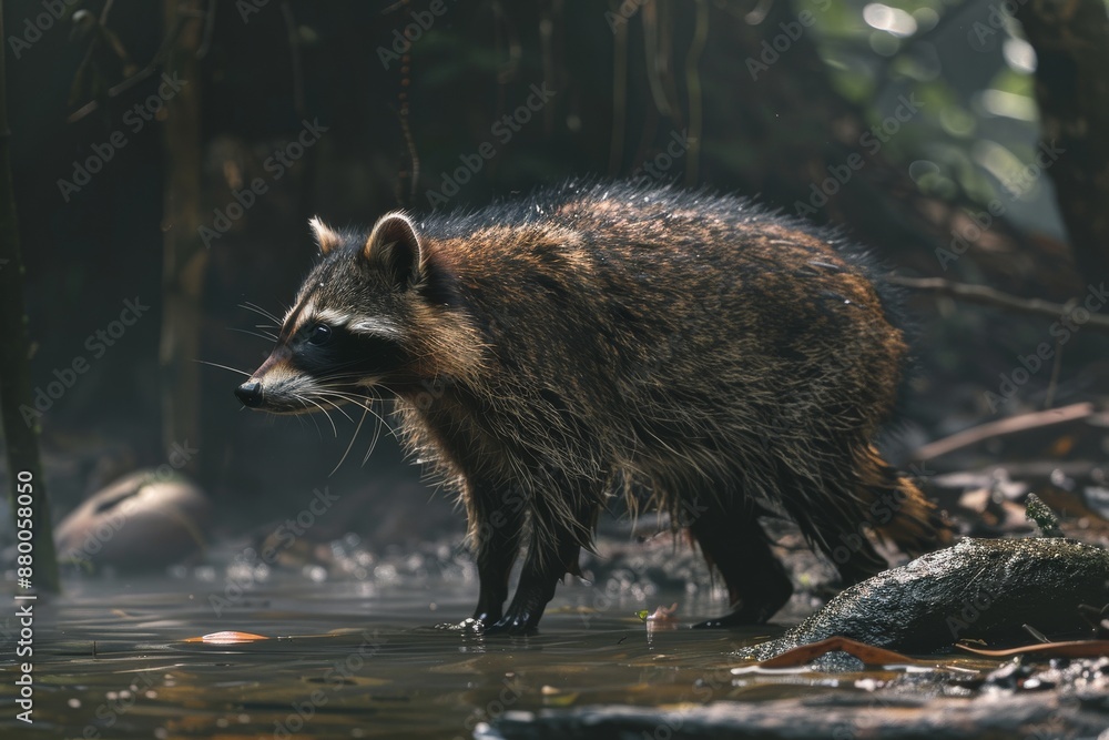 Fotografie Crab-eating Raccoon, Macro,Left side view