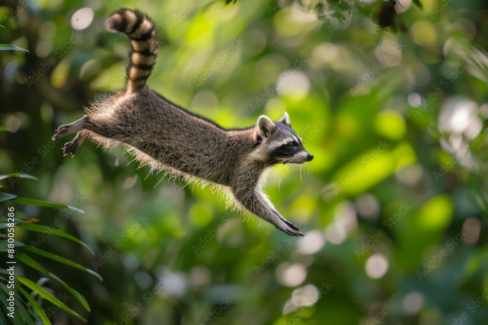 Obraz premium Full body view of Cozumel Raccoon jumping from the tree in natural habitat,full body View