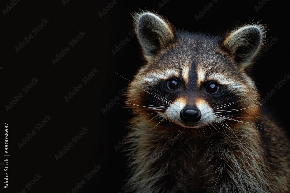 Fototapeta premium Mystic portrait of Guadeloupe Raccoon, full body view, isolated on black background 