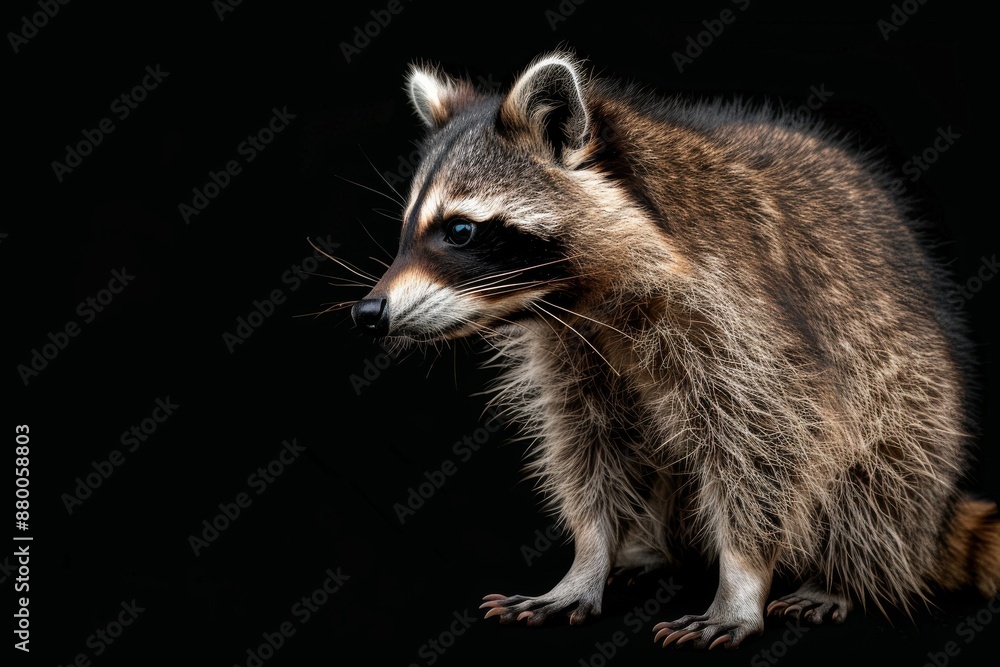 the beside view Common Raccoon, left side view, isolated on black background
the beside view Common Raccoon, left side view, isolated on black background