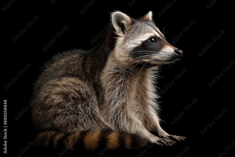 the beside view Common Raccoon, left side view, isolated on black background
the beside view Common Raccoon, left side view, isolated on black background