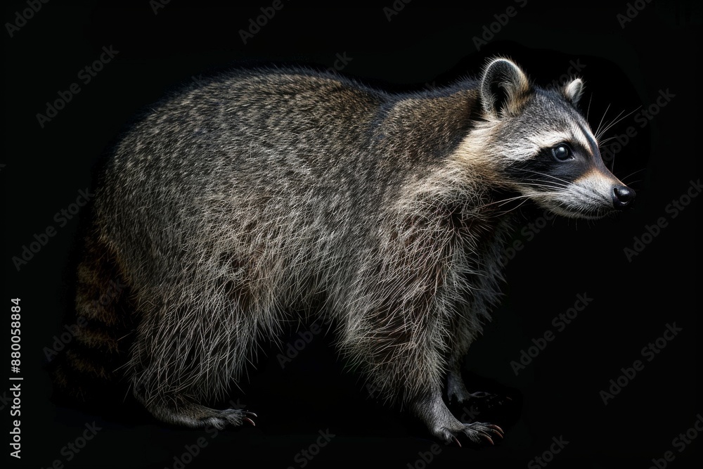 Fototapeta premium the beside view Cozumel Raccoon, left side view, isolated on black background 