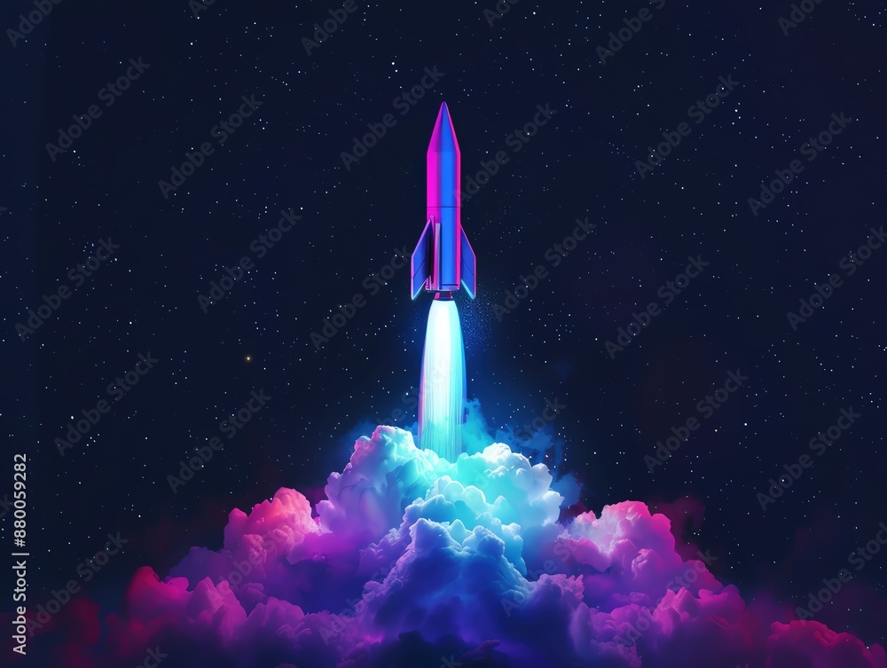 Fototapeta premium Rocket launching into space, kickoff moment, night sky filled with stars, hyperrealistic double exposure illustration