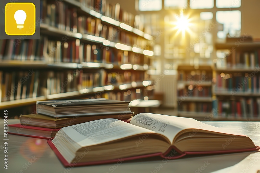 An open book on the table, surrounded by several books stacked together in front of it. In blurred An open book on the table, surrounded by several books stacked together in front of it. In blurred