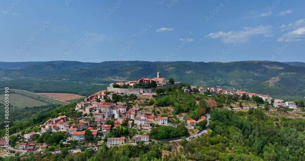 Aerial view rotating away from the Motovun town, summer day in Istria, Croatia