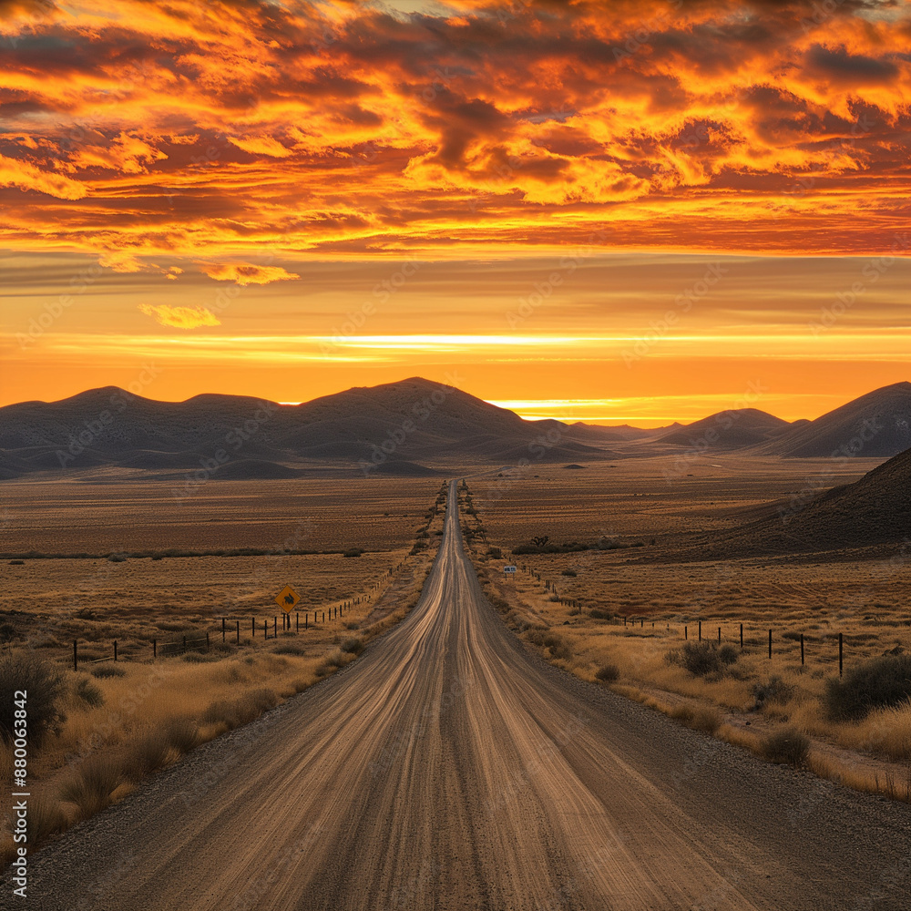 Fototapeta premium 夕焼けの砂漠とハイウェイ