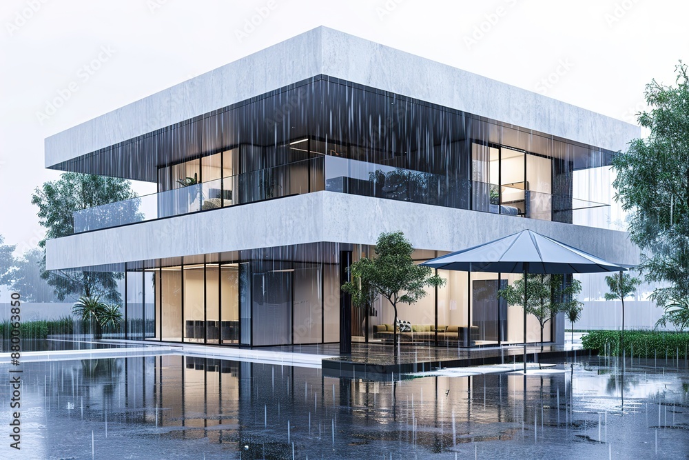 A three-story modern house under an umbrella in the rain, 3D rendering, high resolution A three-story modern house under an umbrella in the rain, 3D rendering, high resolution