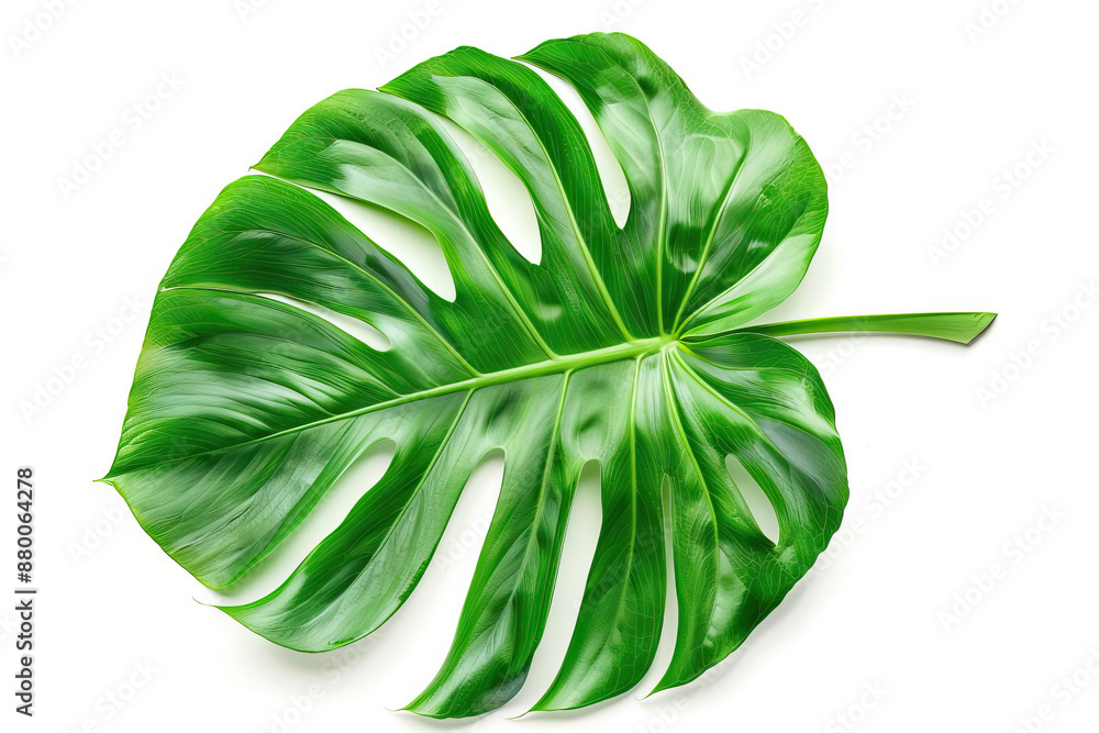 Vibrant green Monstera leaf with characteristic splits and holes, isolated on a white background, showcasing its natural beauty and popular use in tropical and modern decor. Vibrant green Monstera leaf with characteristic splits and holes, isolated on a white background, showcasing its natural beauty and popular use in tropical and modern decor.