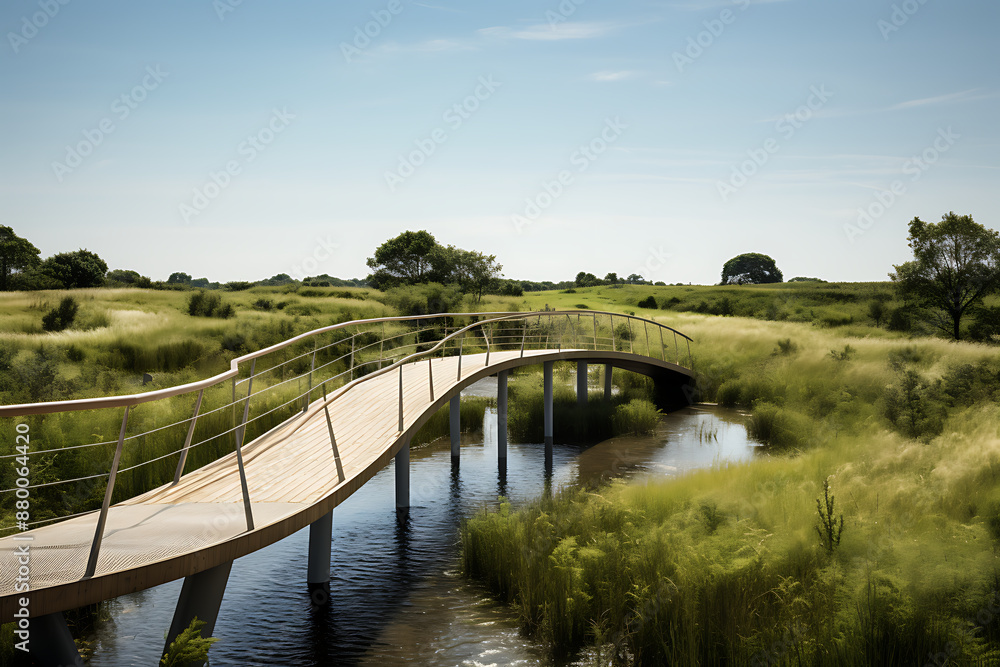 Fototapeta premium Wooden bridge over a river in the misty morning at sunrise