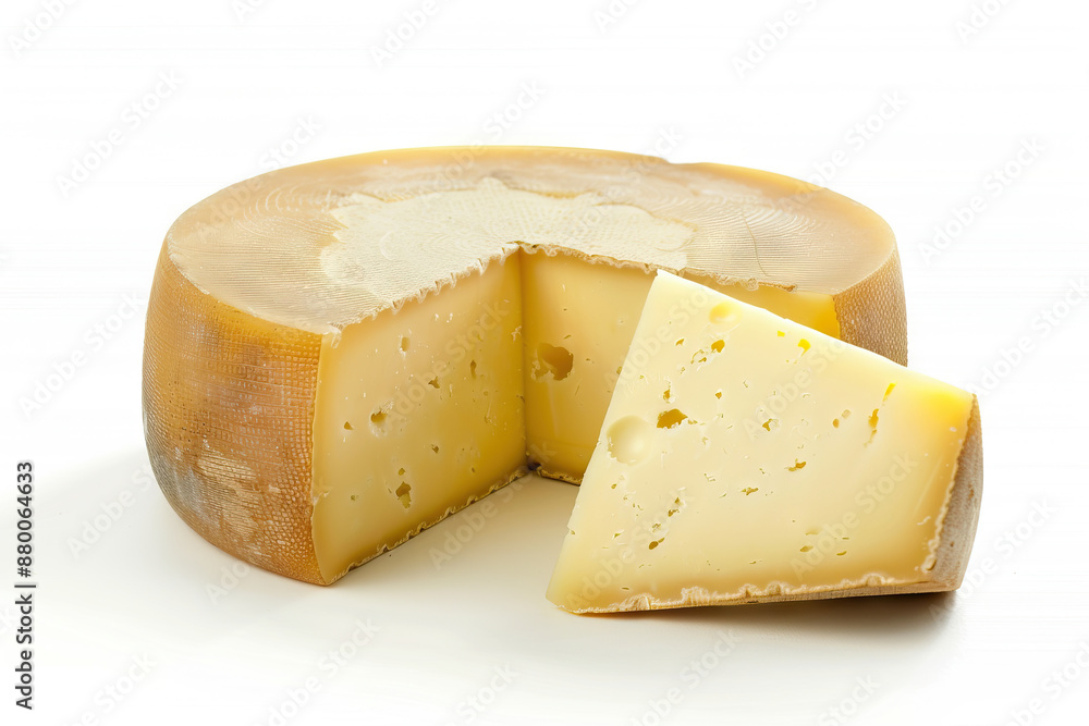 A wheel of cheese with a slice cut out, displaying the texture and creamy interior, placed on a white background, ideal for culinary presentations and gourmet food displays. A wheel of cheese with a slice cut out, displaying the texture and creamy interior, placed on a white background, ideal for culinary presentations and gourmet food displays.