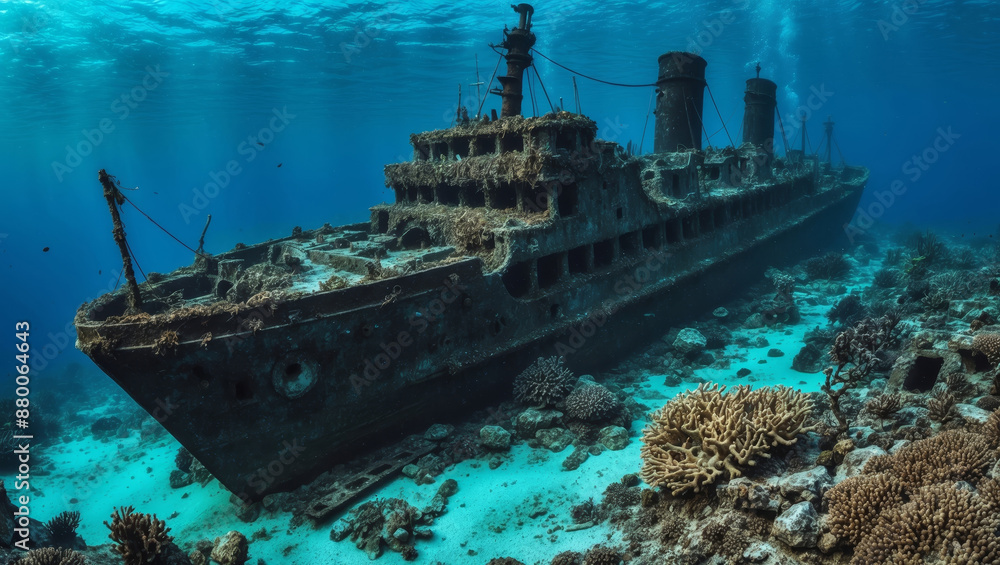 Sunken Shipwreck Overgrown with Coral