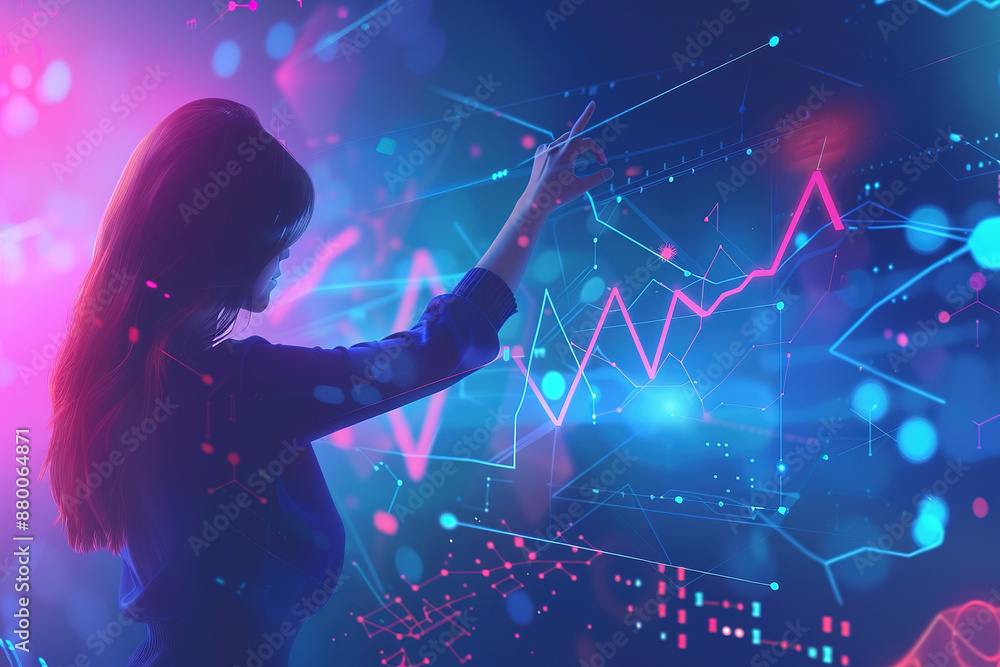 A woman is pointing at a screen with a lot of numbers and lines A woman is pointing at a screen with a lot of numbers and lines