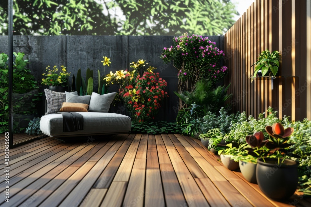 Modern terrace with wood deck flooring fence and plants Modern terrace with wood deck flooring fence and plants