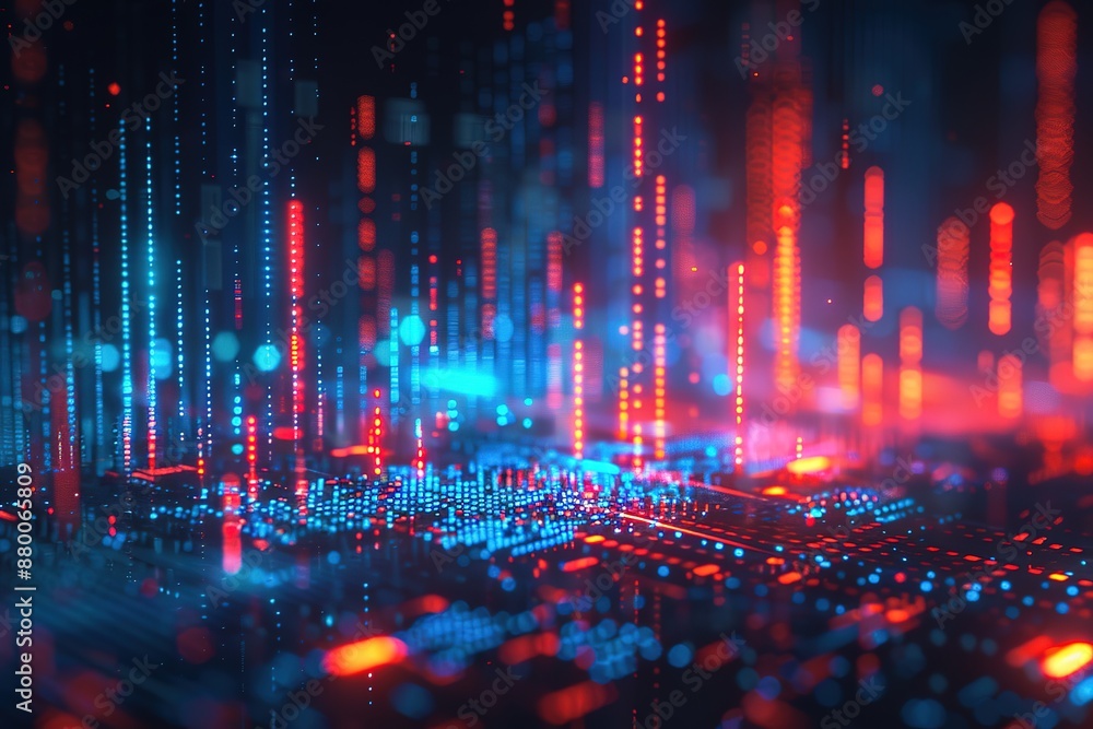 Fototapeta premium A computer generated image of a cityscape with blue and red lights