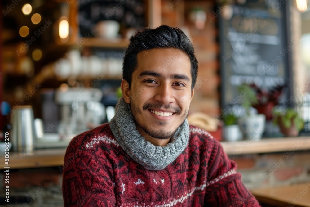 Portrait of a smiling young Hispanic man in a coffee shop Portrait of a smiling young Hispanic man in a coffee shop