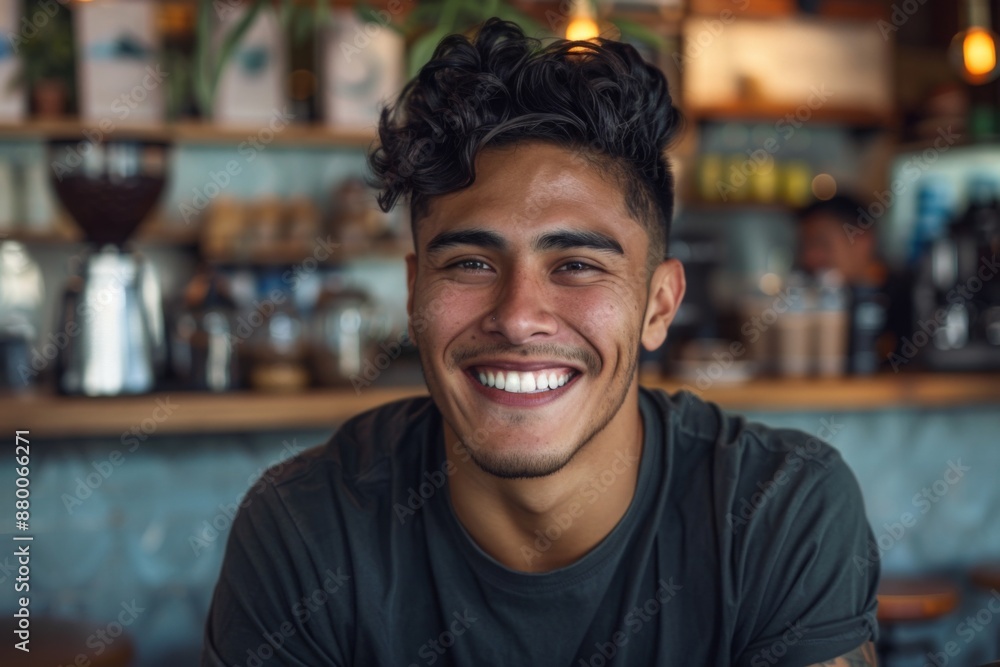 Portrait of a smiling young Hispanic man in a coffee shop Portrait of a smiling young Hispanic man in a coffee shop