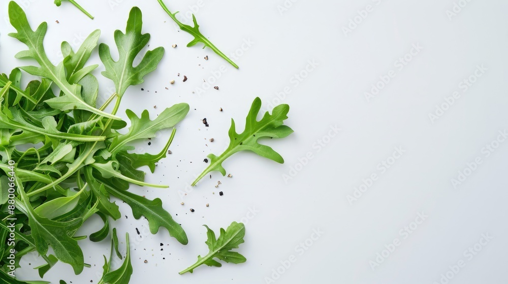 Salad with arugula leaves on white background with space for text Salad with arugula leaves on white background with space for text