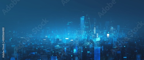 Blue technology background with glowing lines and bar charts in the center of an abstract cityscape